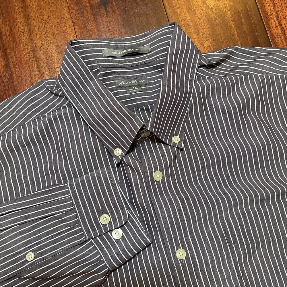 Eddie Bauer Shirt Men TXL XLT Extra Large Tall Purple White Striped Button Down*